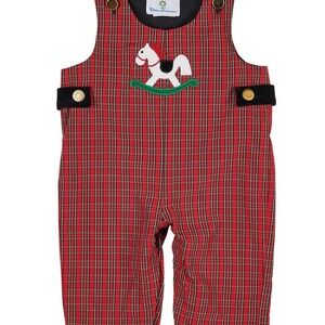 FLORENCE EISEMAN INFANT BOYS RED HOLIDAY PLAID ROMPER -ROCKING HORSE - 9 Months